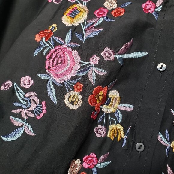 Zara Floral Embroidered Button Front Tunic Top Oversized XS Black Boho - Picture 7 of 9